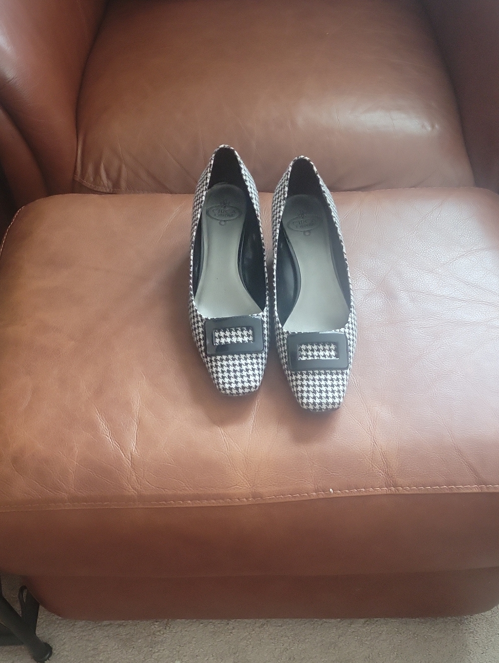 Houndstooth Slip-On Flats with Buckle Accent - Black & White